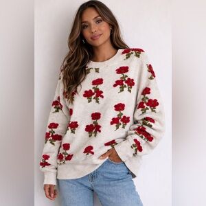 Cozy Floral Crewneck Sweatshirt - Red on Cream